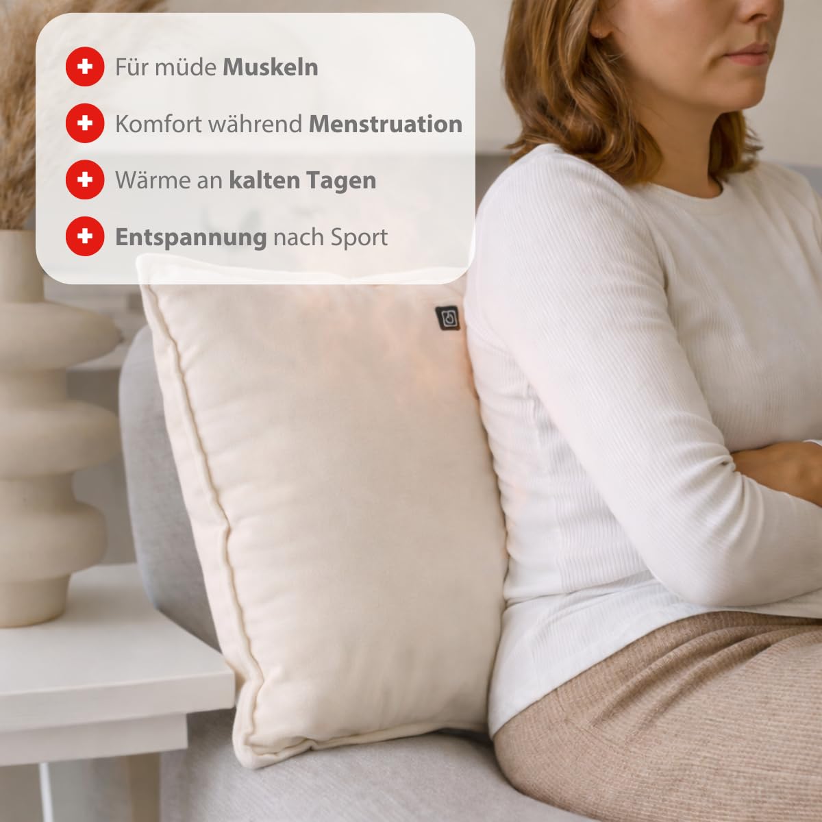 alpina Heizkissen Kabellos mit Powerbank – Wärmekissen Elektrisch mit 3 Heizstufen – Fleecebezug Abnehmbar und Waschbar – 45x45cm – Beige