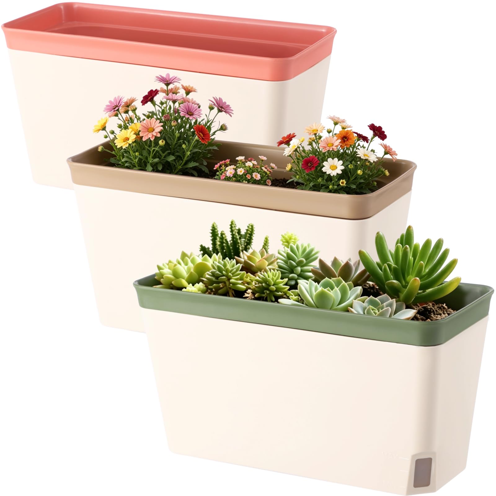 YAGOKKI 3 Pack Self Watering Herb Plant Pots - Rectangular Windowsill Herb Planter Box, Modern Plastic Flower Pots with Visual Water Level Window for Indoor Outdoor Garden Office Patio Plants