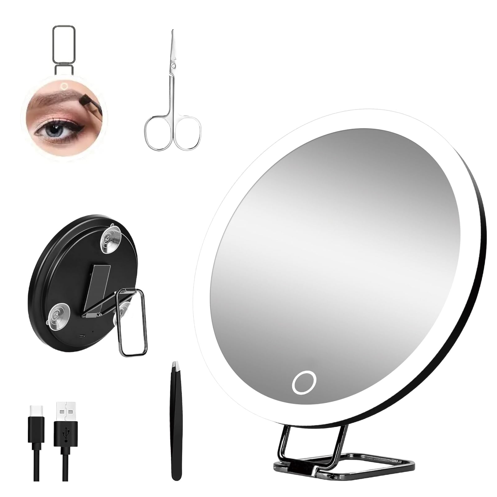 30X Magnifying Light Mirror with Stand, Sucker, Scissors, Tweezers for Women (Black)