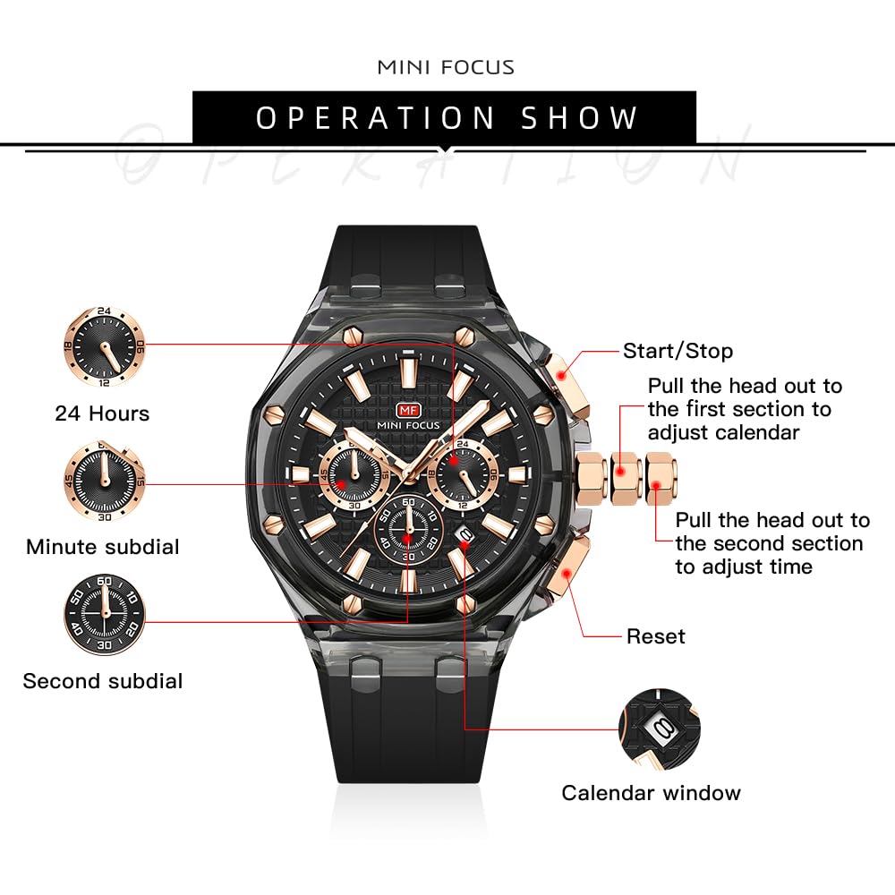 Mini Focus - Reloj de Pulsera para Hombre, multifunción, Transparente, analógico, Correa de Silicona, Calendario, Cuarzo, Resistente al Agua, para Hombre