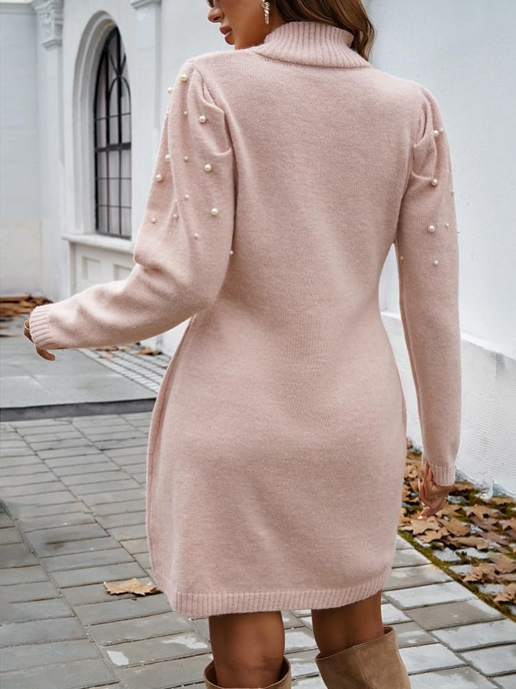 Womens Fall Winter Elegant Long Puffy Sleeve Knit Mini Wrap Turtle Neck Sweater Pearl Dress Work Dresses