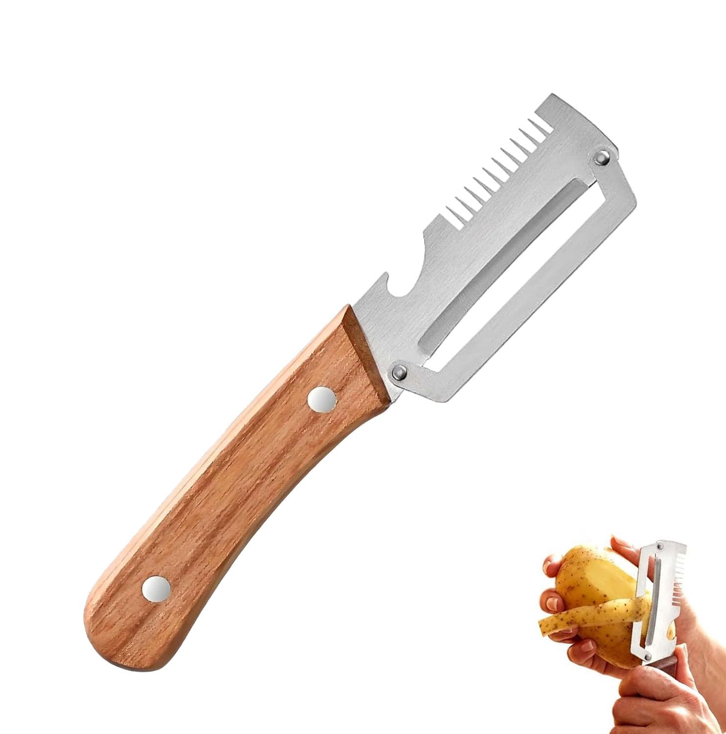 Multi-Functional Vegetable Peeler with Wooden Handle - 3 in 1 Stainless Steel Fruit and Vegetable Peeler, Julienne Cutter & Bottle Opener for Potato, Carrot, Cucumber, Pumpkin and Veggie Preparation-picture-17