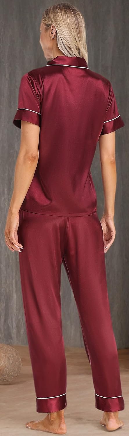 Women's Satin Pajamas Set 2 Piece Pj Set Sleepwear Notch Collar Short Sleeve T-Shirt Button-Down Loungewear with Long Pants - Image 5