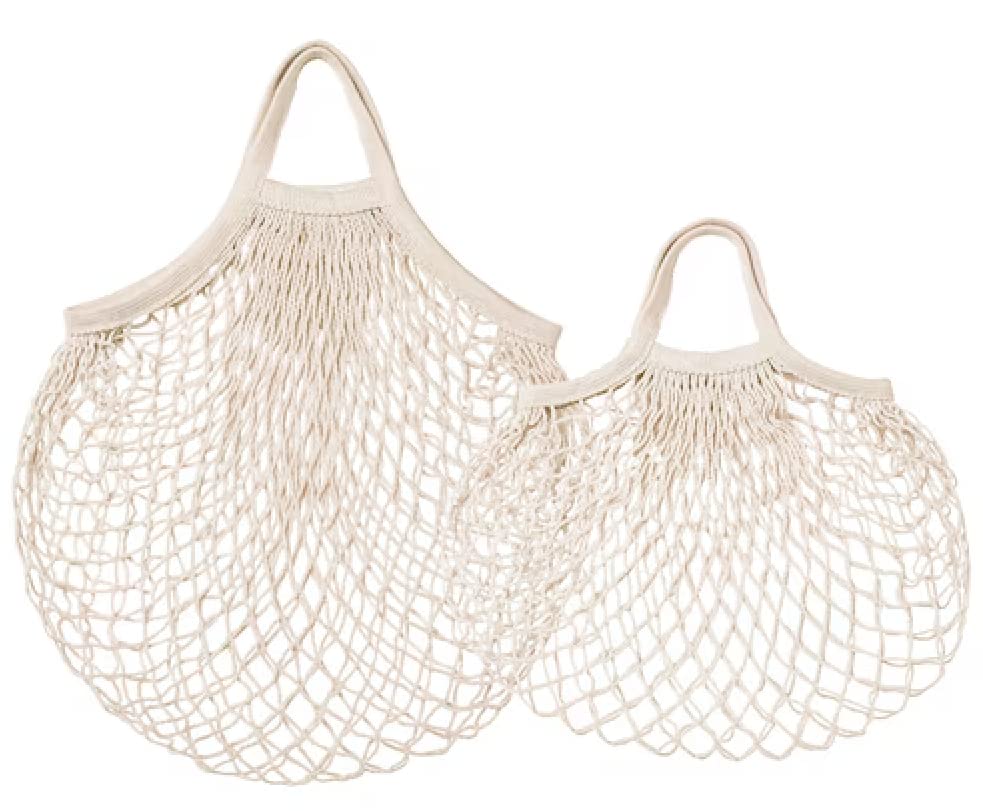 I-K-E-ASet of 2 KUNGSFORS Net Bag, Natural Reusable Cotton Mesh Grocery Bags Long Hand Cotton Mesh String Net Shopping Tote Bags + Free Shoe Bag