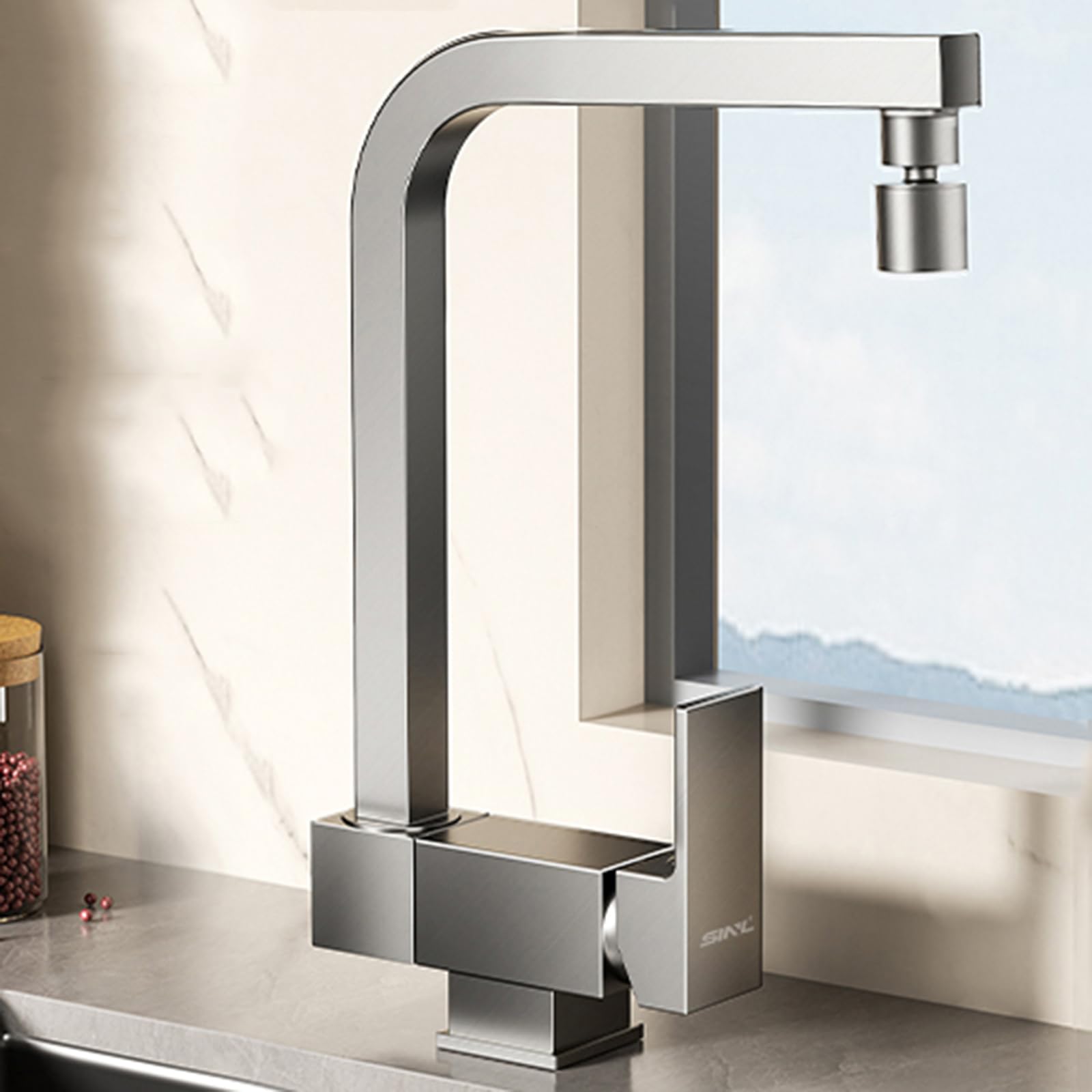 XJTNLB Grifo Cocina Plegable Bajo Ventana Cepillado Grifo Monomando de Cocina Plegable Grifo Cocina Abatible Mezclador Agua Fria Caliente-Modo Dual