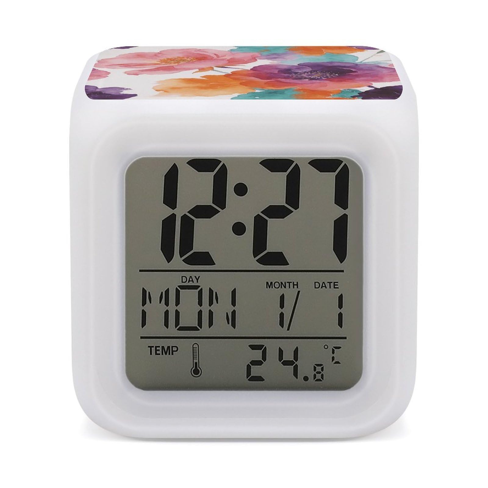 FekiLoot Clusters of Watercolor Flowers Alarm Clock for Heavy Sleepers Wake Up Digital Clock with 7 Color Changing Night Light Super Loud Digital Alarm Clocks Small Machine Alarm Clocks
