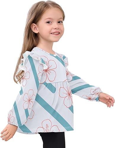 Girls Long Sleeve Ruffle T-Shirt Kid Soft Tshirt Tops 18M-5T(Diagonal Teal Stripes With Hibiscus Pattern,5T)