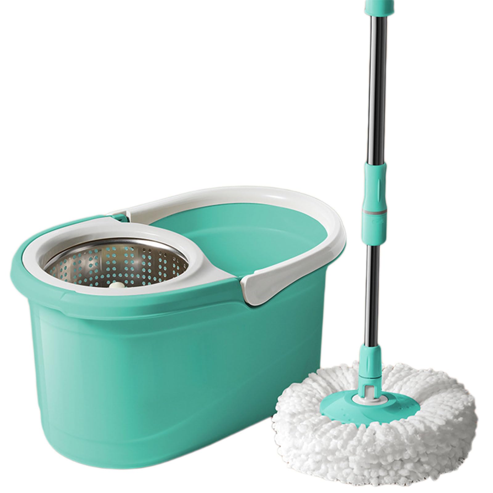 Este Juego de fregona giratoria con Mango Ajustable de Acero Inoxidable, recambios de Cabezales de Microfibra, Cesta escurridora Desmontable, fregona y Cubo para la Limpieza de Todo Tipo de