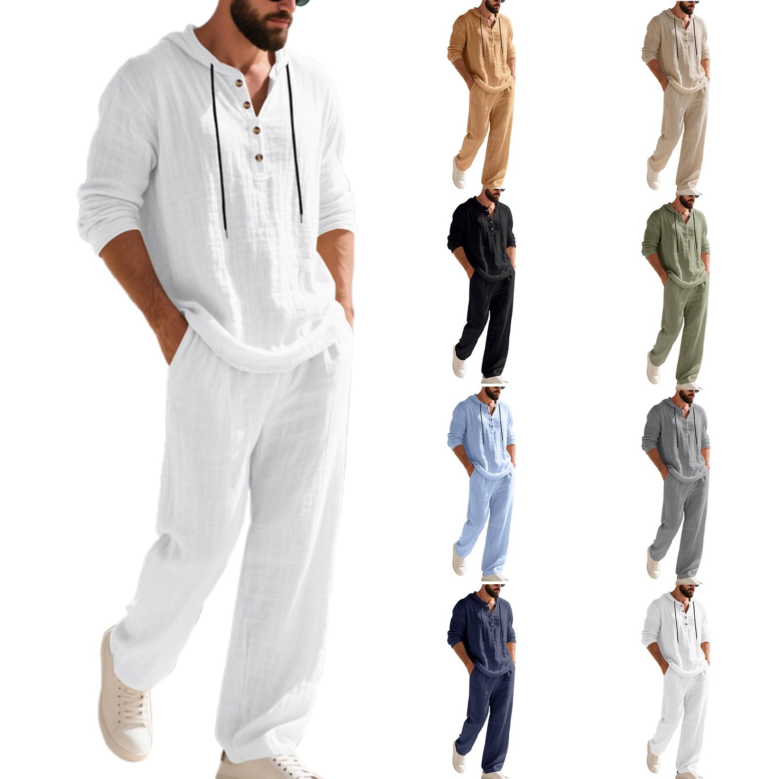 Henley top and wide-leg pants with linen-like feel in 100% polyester
