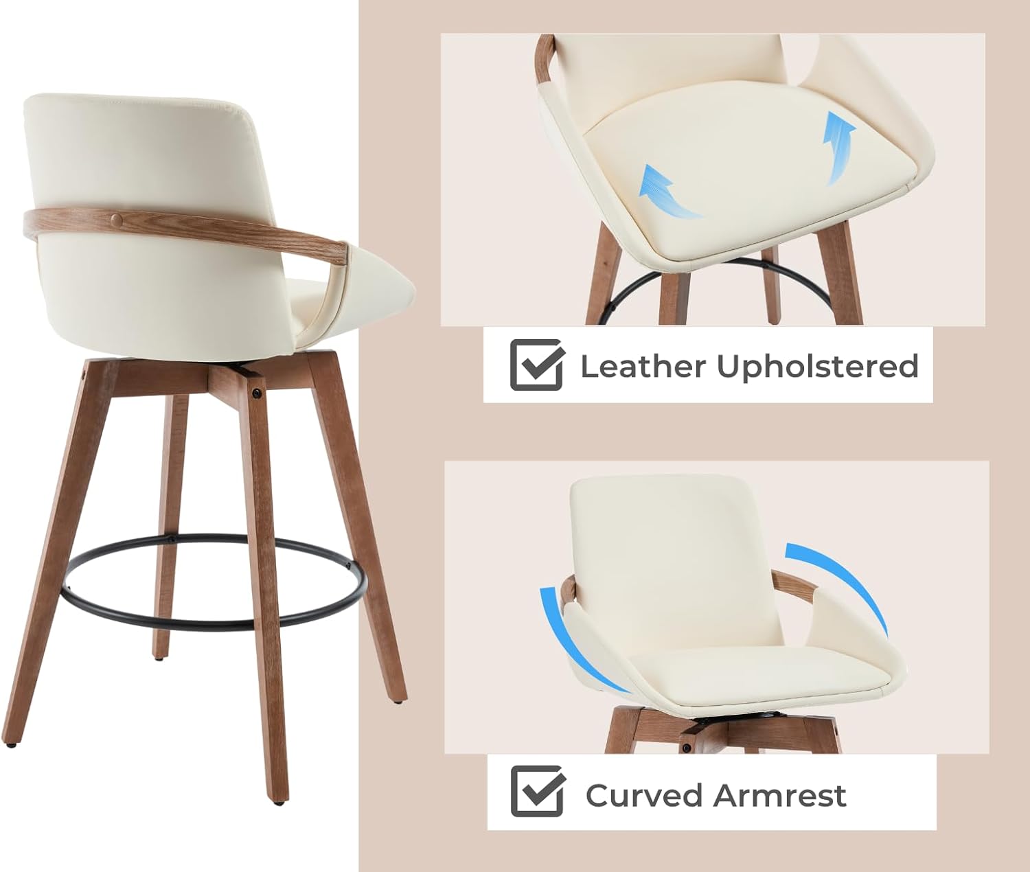 EALSON Swivel Counter Height Bar Stools Set of 4 Mid Century Modern Natural Wood Barstools with Back and Arms Comfortable Leather Upholstered Counter Stools Bar Chairs for Kitchen Island, Beige