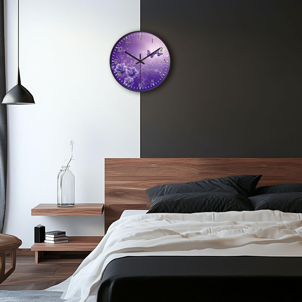 8 inch Decorative Wall Clock Battery Operated, Purple Butterfly image 4