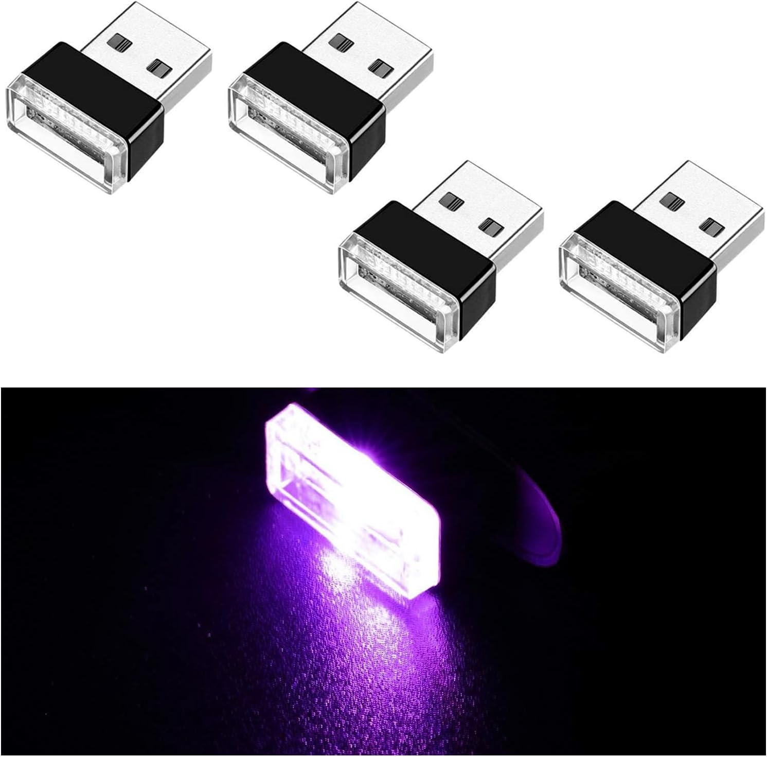Ziciner 4 PCS USB LED Car Interior Atmosphere Lamp, Portable Mini LED Night Light, Plug-in USB Interface Trunk Ambient Lighting Kit, Universal Car Interior Accessories (Purple) Ziciner 4 PCS USB LED Car Interior Atmosphere Lamp, Portable Mini LED Night Light, Plug-in USB Interface Trunk Ambient Lighting Kit, Universal Car Interior Accessories (Purple)
