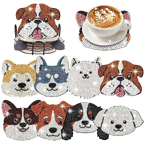 8 Pcs Dog Shaped Diamond Painting Coasters for Drinks, DIY Pet Dog Diamond Painting Kits with Holder, Diamond Art Coasters for Beginners Adults Art Craft Supplies Gift