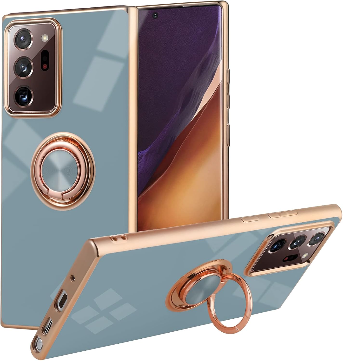 KANGHAR Samsung Galaxy Note 20 Ultra 5G Case 6.9 Inch Plating Built-in 360 Rotation Magnetic Ring Kickstand Holder Soft Slim Electroplated Edges Shockproof Bumper Protective Cover (Gray Blue)