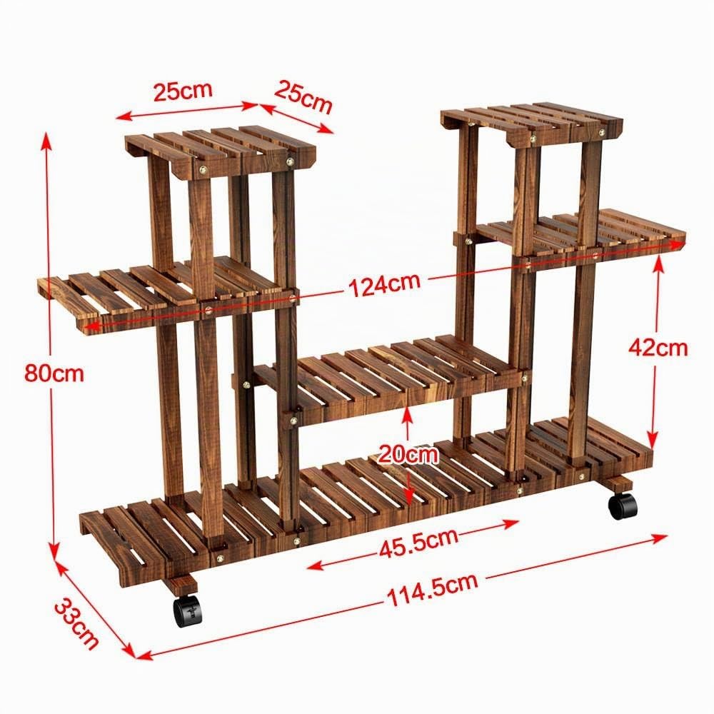 Abician Étagère Plantes Étagère Fleurs en Bois Support de Pots à Roulettes Intérieur avec 6 Tablettes pour Balcon Terrasse Maison Jardin 124 × 33 × 80cm