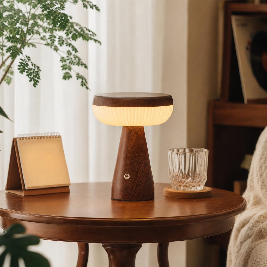 Retro Tischlampe Kabellos Batteriebetrieben Tischleuchte Holzoptik Acryl Lampenschirm Akku Pilzlampe 3 Helligkeitsmodi USB Aufladbare Dimmbarer Touch Schalter Leselampe LED für Esszimmer