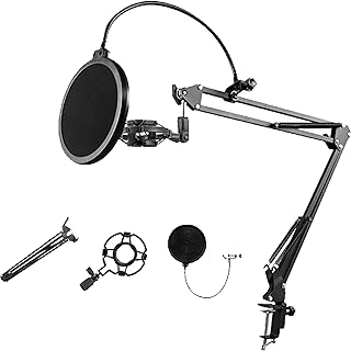 WSNDM 3-in-1 Microphone Stand Mic Arm Suspension Boom Scissor Arm Stand With Shock Mount, Blowout Prevention Net, Boom Arm Stand, Studio Mic Stand Compatible, Adjustable Compact Mic Suspension