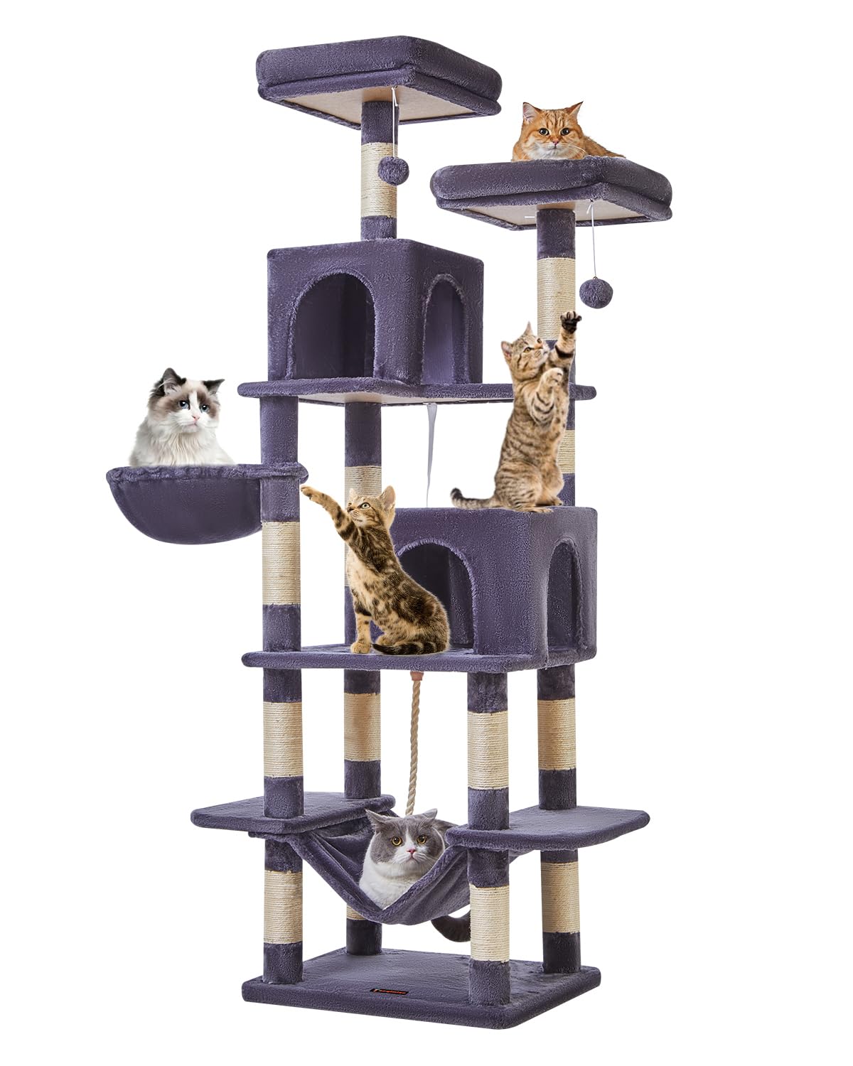 cat tree, 71.7-inch cat tower for indoor cats, plush multi-level cat condo with 13 scratching posts, 2 perches, 2 caves, hammock, 2 pompoms,smoky gray ms013lg