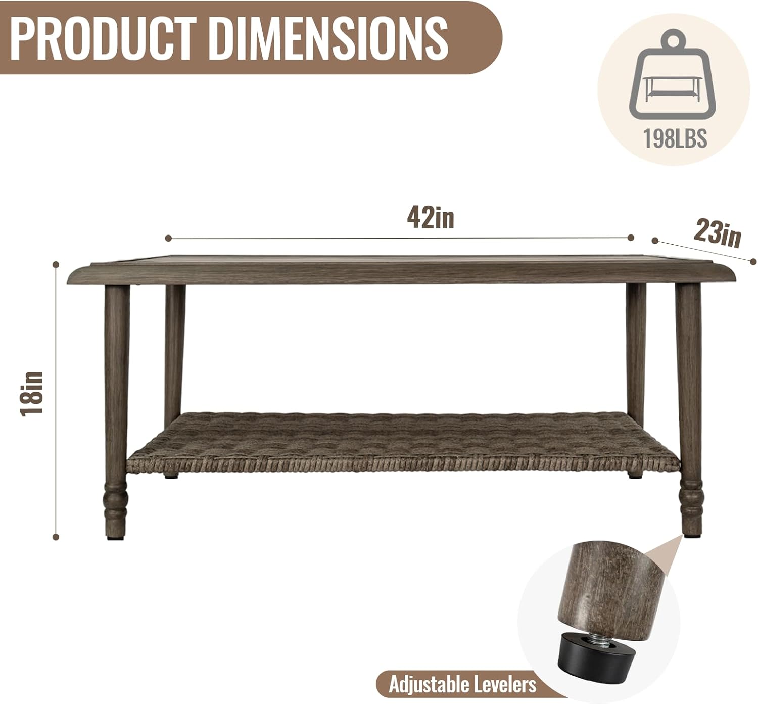 Outdoor Coffee Table Rectangular, Metal&Wicker Patio Table for Outside, Outdoor PE Wicker Coffee Table, All-Weather Coffee Side Table with Storage, Patio Furniture for Patio Balcony Porch (Brown)
