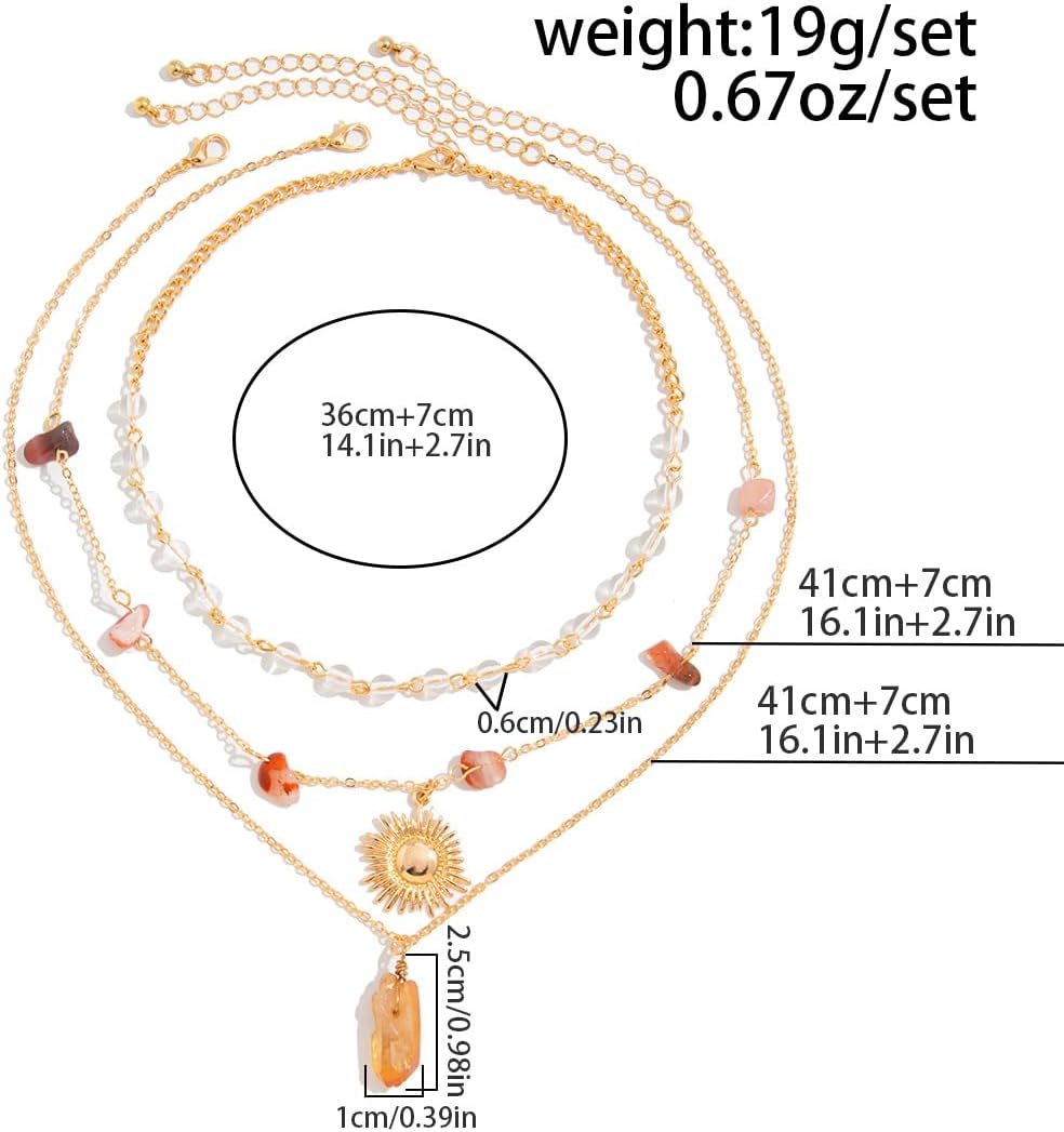 Layered Sunburst Crystal Point Beaded Pendant Necklace For Women Boho Statement Adjustable Choker Style Delicate Chain Gold Color Orange - Image 6