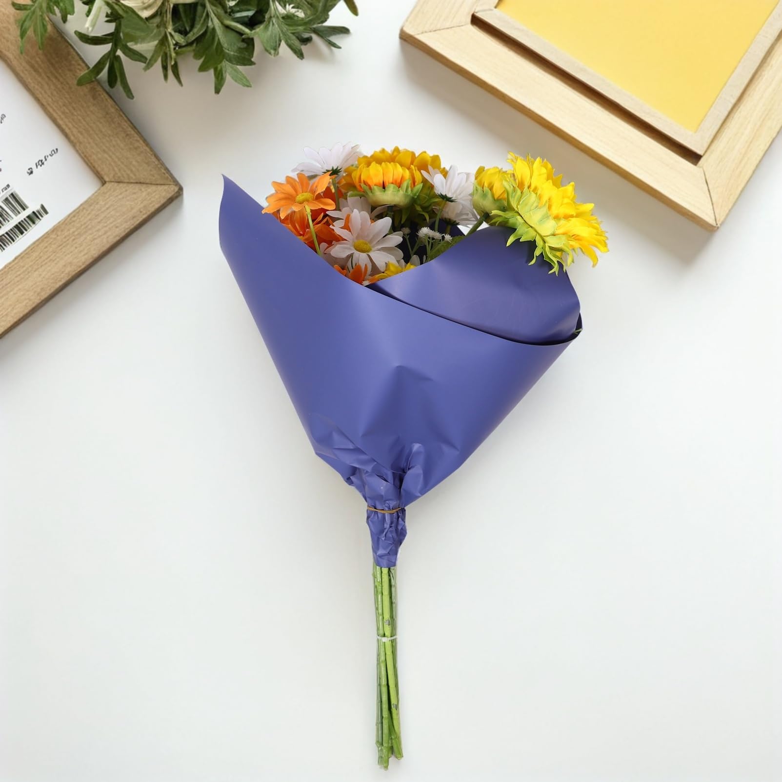 Papier D’emballage pour Bouquet de Fleurs Bleu Blanc 80 Feuilles | Double Face, Papier Waterproof en Papier, Usage DIY pour Présents et Fleurs, Style Élégant