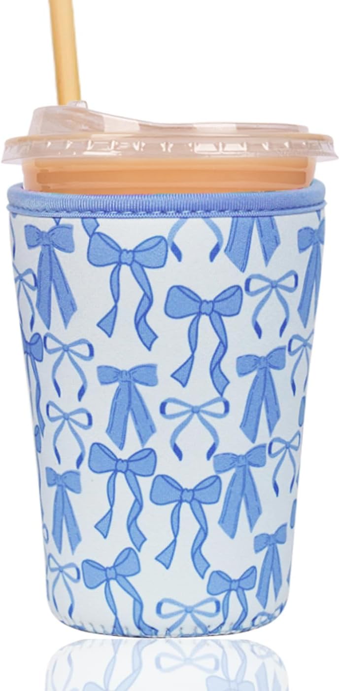 Reusable Insulated Sleeve for Iced Coffee Cup, Coffee Neoprene Sleeve for Cold & Hot Drinks, Beverage Holder for Iced Coffee (Blue Bows, Medium: 22-24oz)