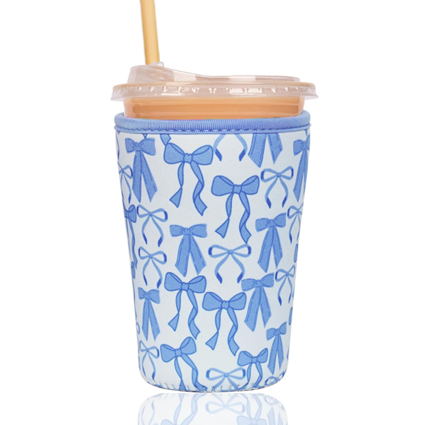 Reusable Insulated Sleeve for Iced Coffee Cup, Coffee Neoprene Sleeve for Cold &amp; Hot Drinks, Beverage Holder for Iced Coffee (Blue Bows, Medium: 22-24oz)