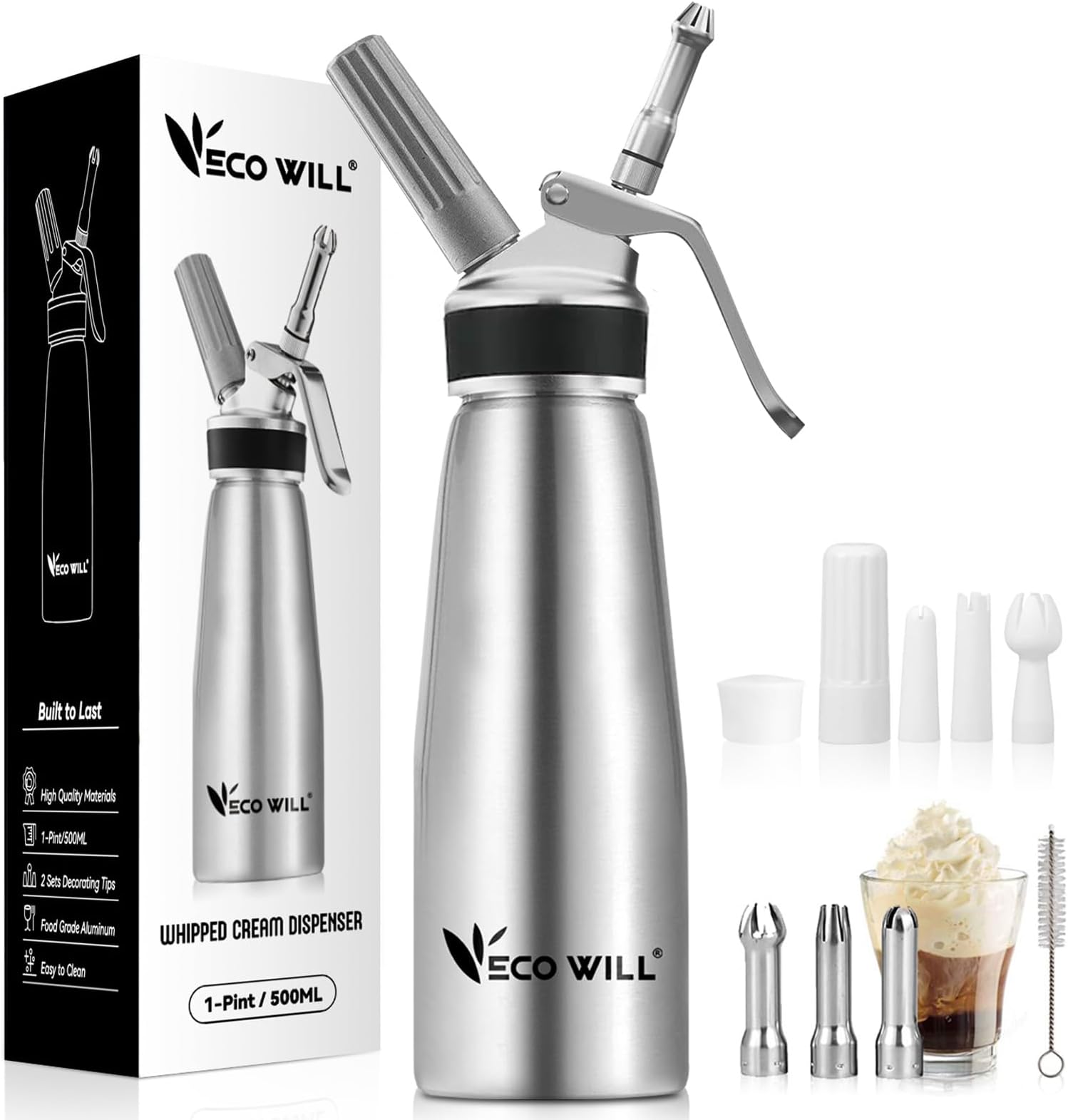 Professional Whipped Cream Dispenser, Durable Aluminum Cream Whipper with 2 Sets of Stainless Steel and Plastic Tips & Cleaning Brush,1-Pint / 500 ML