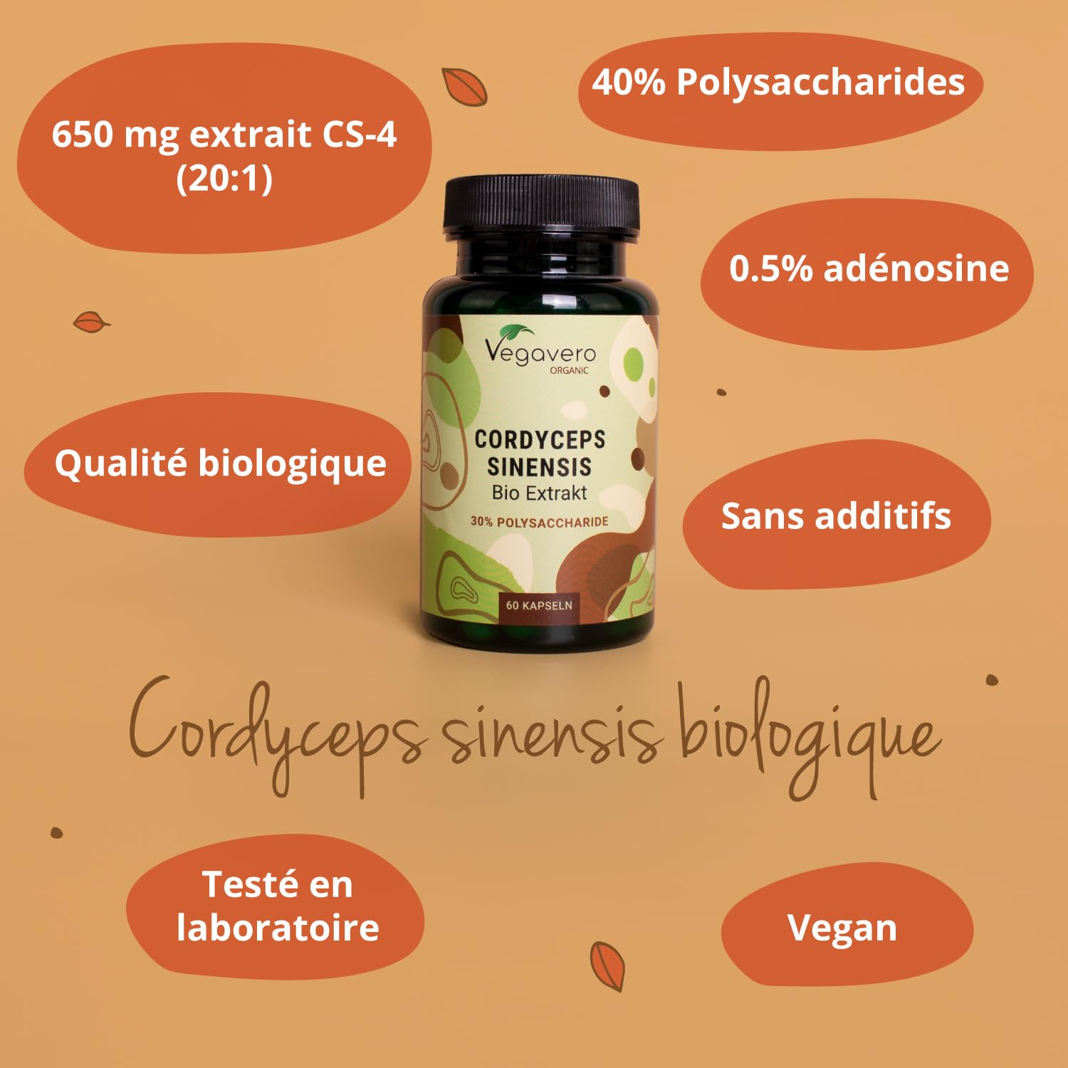Cordyceps Sinensis BIO | Unique : Extrait Biologique (20:1) – 13000 mg de Poudre CS-4 | Adaptogène + Immunité | Sans Additifs & Vegan | Vegavero®