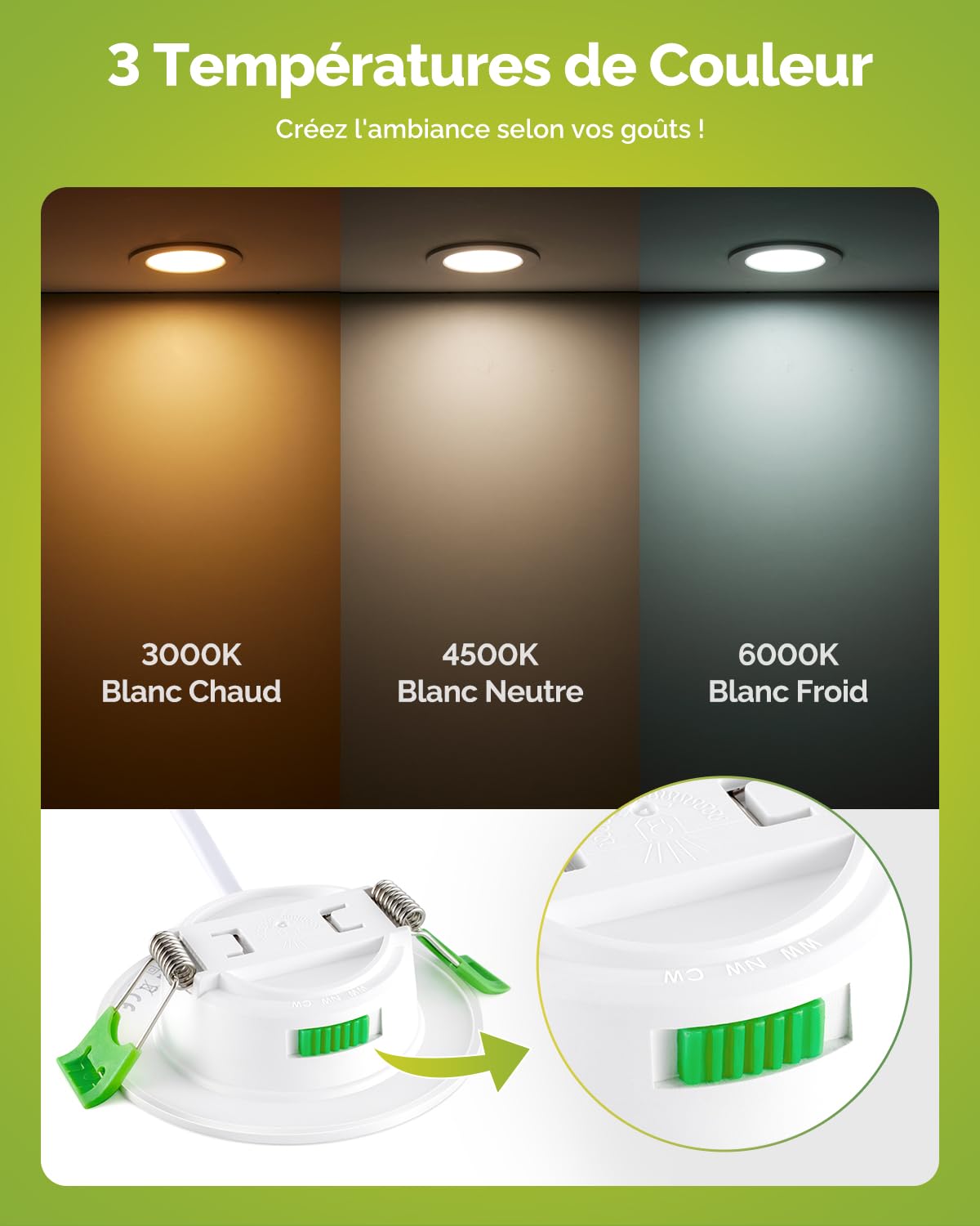 Fondiiz Spot LED Encastrable Extra Plat, 3.5W 340LM Spots de Plafond 55-68mm Découpe, Blanc Chaud 3000K Blanc Neutre 4500K Blanc Froid 6000K Reglable, Spot Salle de Bain IP44 pour Cuisine, Lot de 6