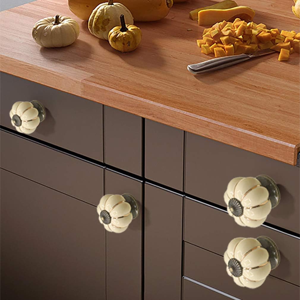 12 Pack Yellow Vintage Ceramic Pumpkin Cabinet Knobs, Drawer Dresser Door Pulls Handles with 3 Kinds of Screws for Kitchen, Cabinets, Cupboard, Bathroom,Wardrobe Closet (12 Pack, Ivory)