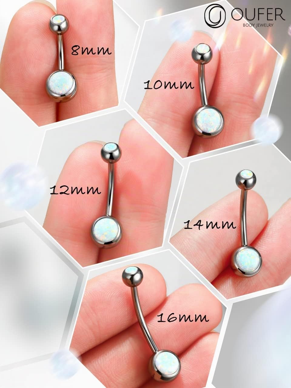 OUFER 14G Piercing per Ombelico Anello Titanio Palline Balls Pantaloncini Extra Lungo Short Long Bananabells Navel Pircing Anelli Doppio Bianco Opal 1,6 mm, Barbell Belly Button Jewellery 8 10 12 16mm