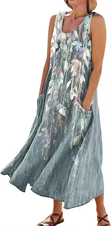 OIOLOYJM Linen Dresses for Women 2024 Casual Cotton Linen Dress Sleeveless Flowy Maxi Dress Summer Beach Tank Dress Loose Fit Crew Neck Dress Plus Size Pocket Sundresses, Medium, 40-gray