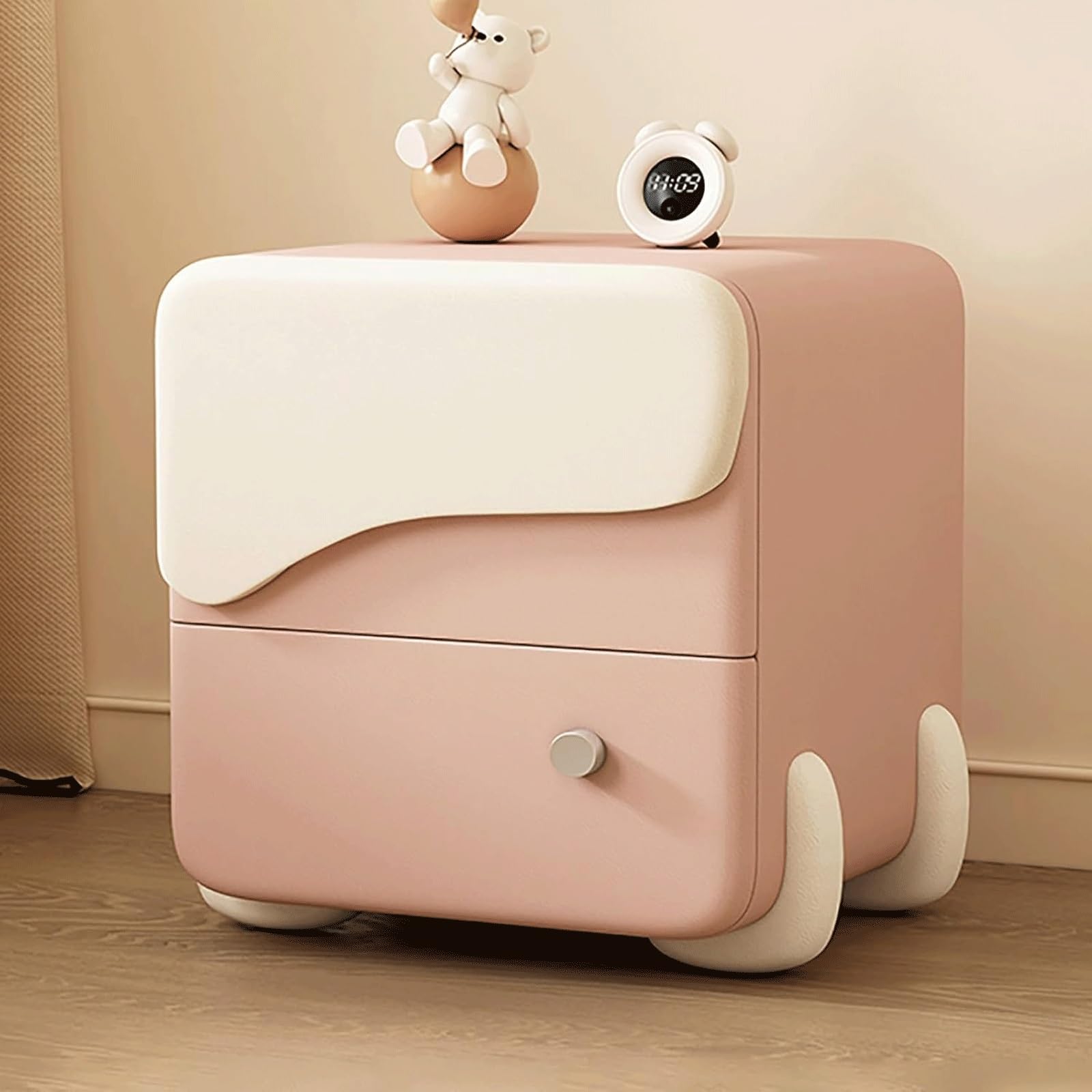 SXZenSpace Bedroom Nightstand,Modern Wood Bedside Table with 2 Storage Drawers End Side Square Metal Handles(Pink,45cm)
