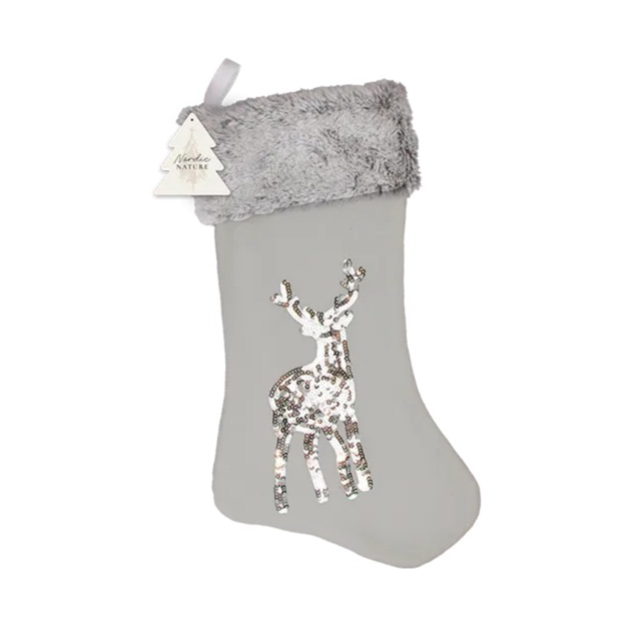 Eboutik Grey - Elegant Christmas Stocking With Reindeer Sequin Detail - Faux Fur Trim Large 45Cm X 23Cm Holiday Hanging Decoration - Festive Sparkling Design (Grey)