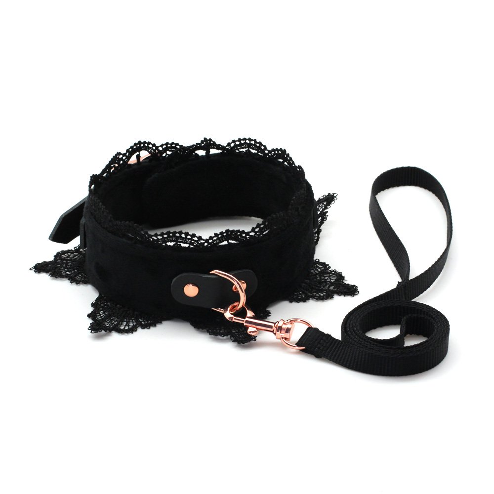 SMspade Collar de Cuero con Correa Kit Gargantilla de Encaje de Cuero con Plomo Conjunto para Mujer, Encaje Negro