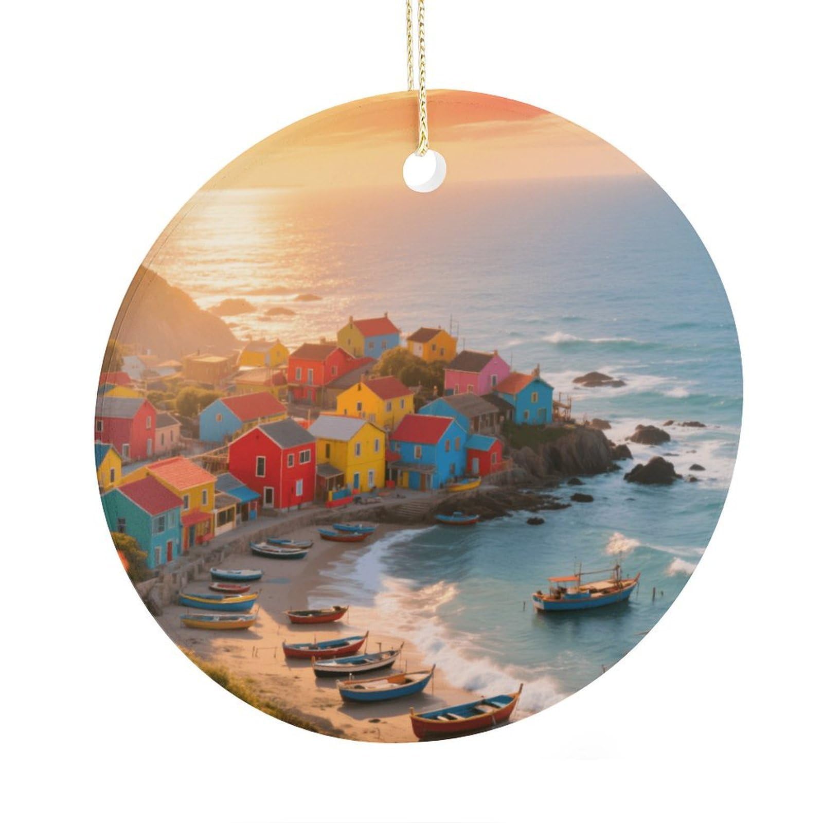 Fekiloot Style Islands Morning Light Fishing Villages Christmas Ornaments 2.9 Inch Round Ceramic Ornament Keepsake Thank You Gifts For Office, Room, Home - Holiday Present Ideas