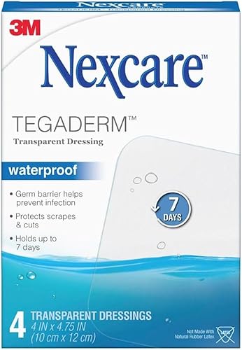 Nexcare Tegaderm - Apósito transparente impermeable de 4 x 4¾ pulgadas, vendaje de película de 4 unidades para el cuidado de heridas, sella el agua,