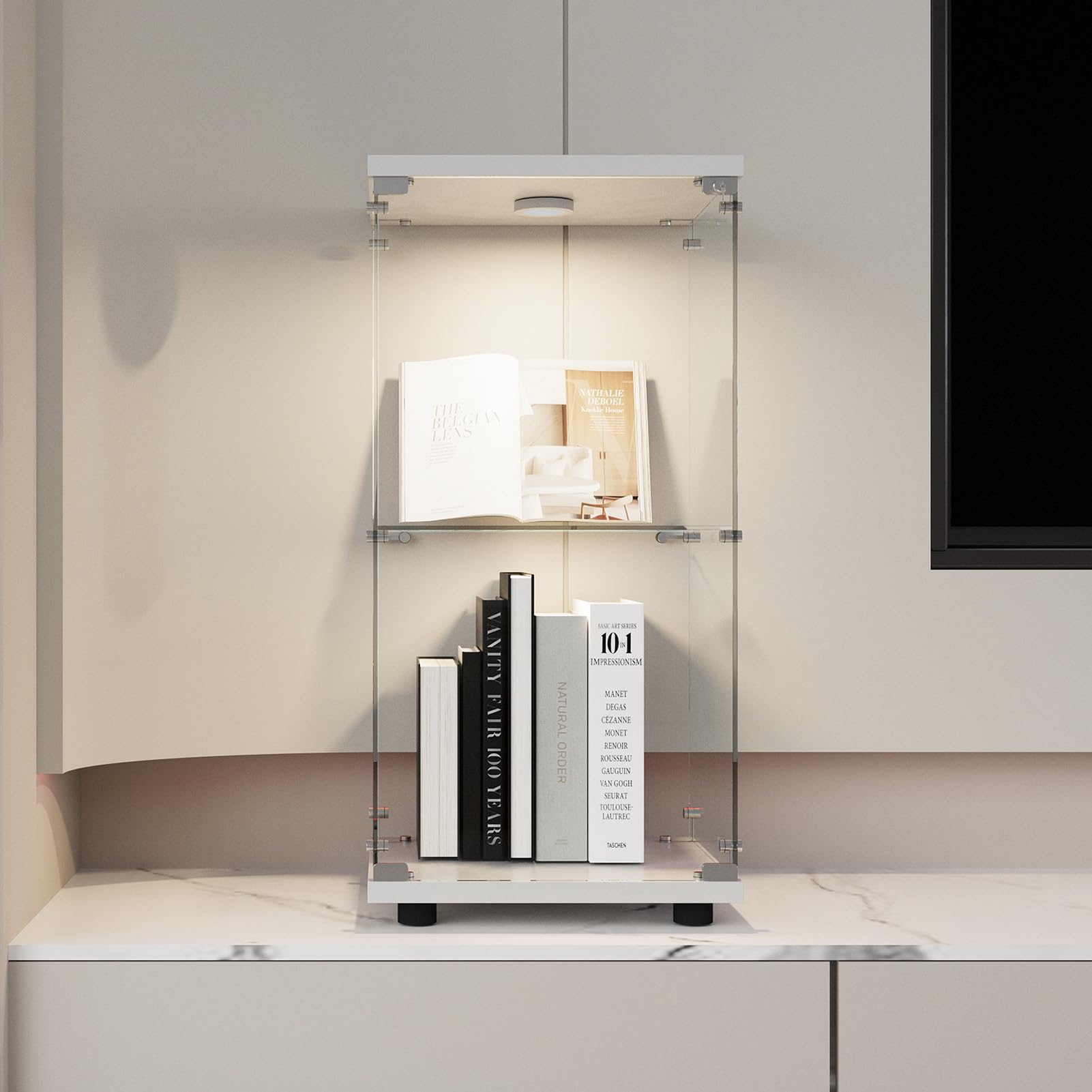 Vetrina In Vetro Con Illuminazione LED E Serratura - 40x36x86 Cm, 2 Ripiani, Per Collezioni E Libri