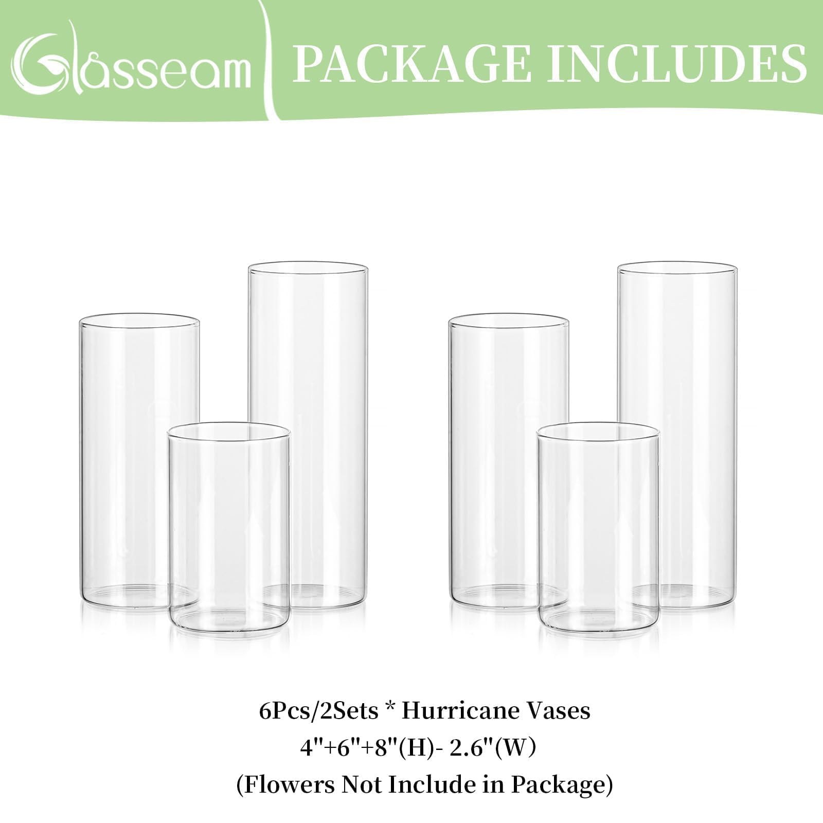 Glasseam Vaso Cilindrico In Vetro Trasparente Per Fiori, Tulipani, Candele, Erba Di Pampa - Set 6 Pezzi, Moderno, Decorativo, Centrotavola Da Pranzo (10/15/20cm)