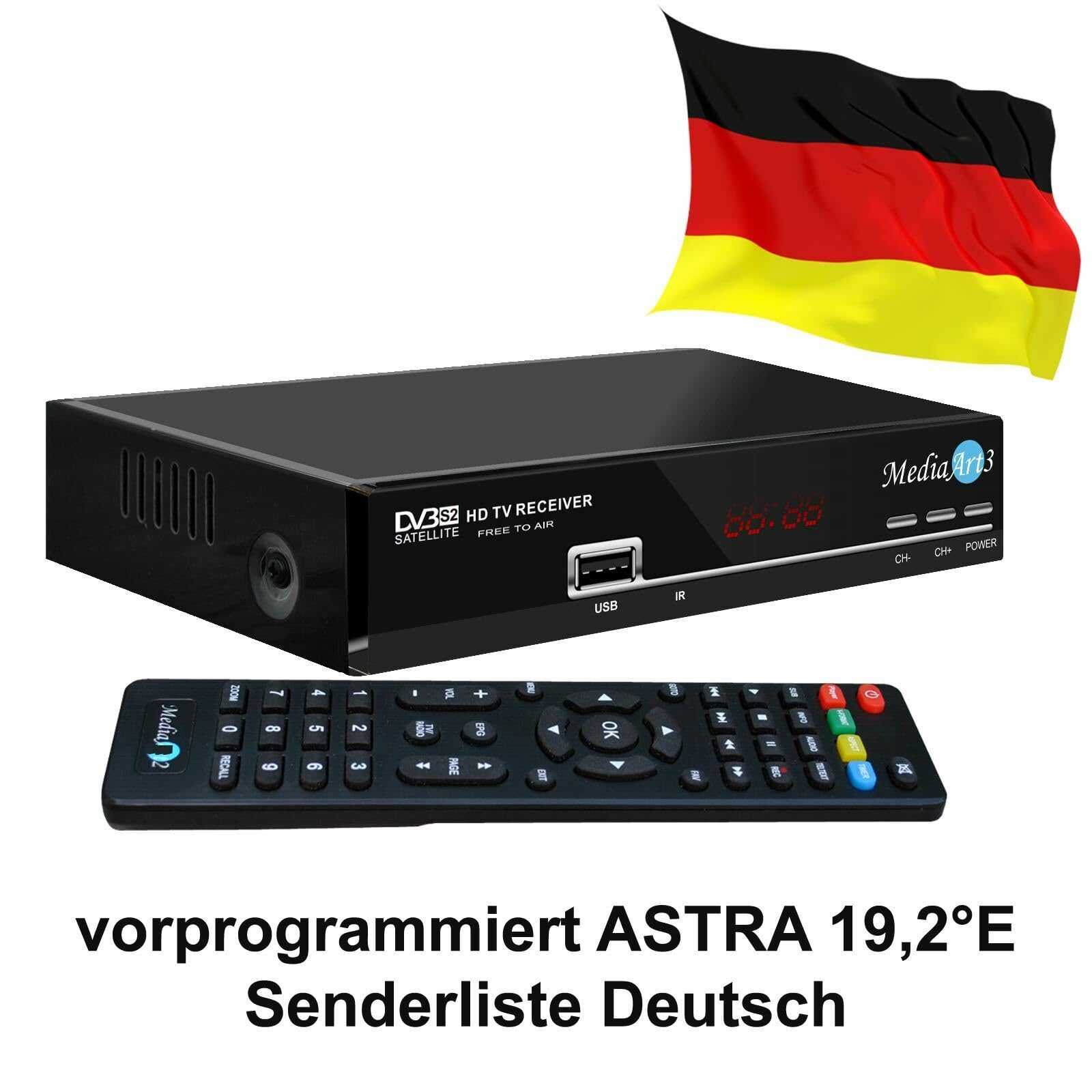Digitale Satanlage Komplettset 60cm Sat-Schüssel Spiegel Antrazit HDTV Sat-Receiver 2X USB LNB 0,1dB Kabel Sat Anlage 1 Teilnehmer Full HD Astra 19°E Deutsch F-Steckern
