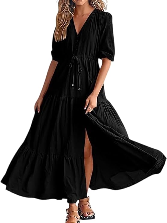 YUNZSXJY Women's Casual Dress V Neck 1/2 Sleeve Split Dress