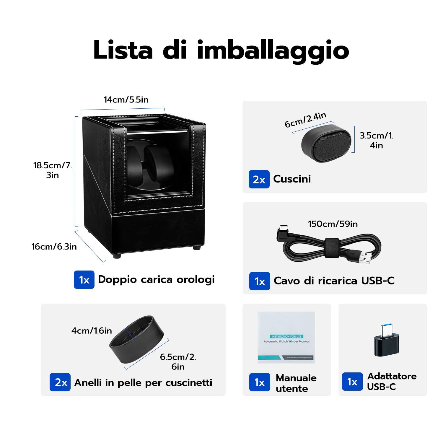 Mcbazel Winder per Orologi Doppio, Custodia per Orologi a Doppia Posizione in Pelle PU con 5 Modalità, Custodia Rotante Automatica con Ricarica USB e Luce LED Blu – Nera