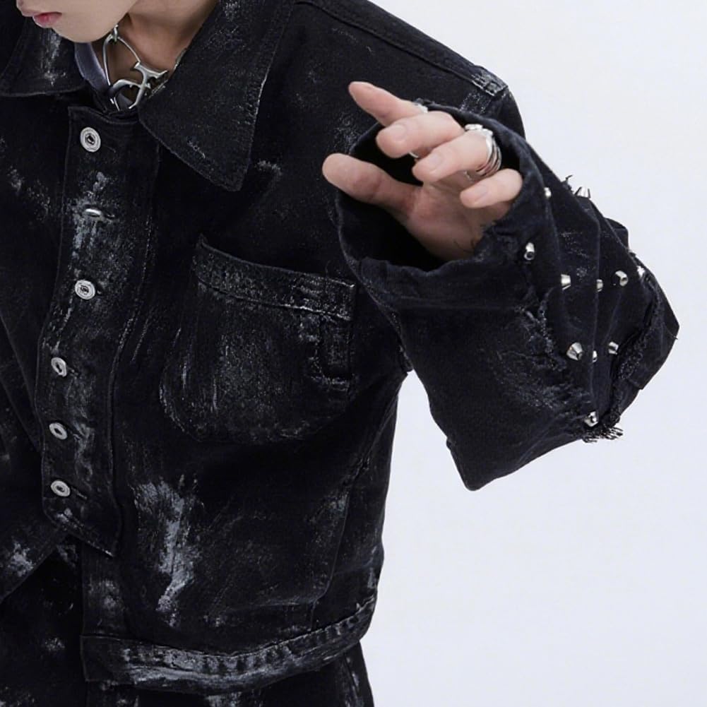 Denim Jacket Men Oversized Button Down Fashion Trendy Streetwear Studded Punk Rock Lightweight Jean Jackets