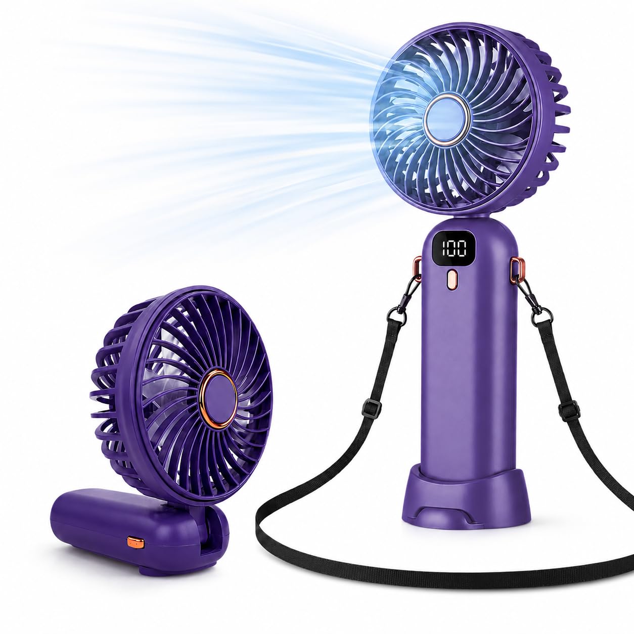 Mini Portable Fan, Rechargeable Handheld Fan with Digital Battery Display, Powerful Personal Cooling Fan, Foldable Travel Fan with Neck Strap, Long Lasting Battery for Indoor & Outdoor Use.