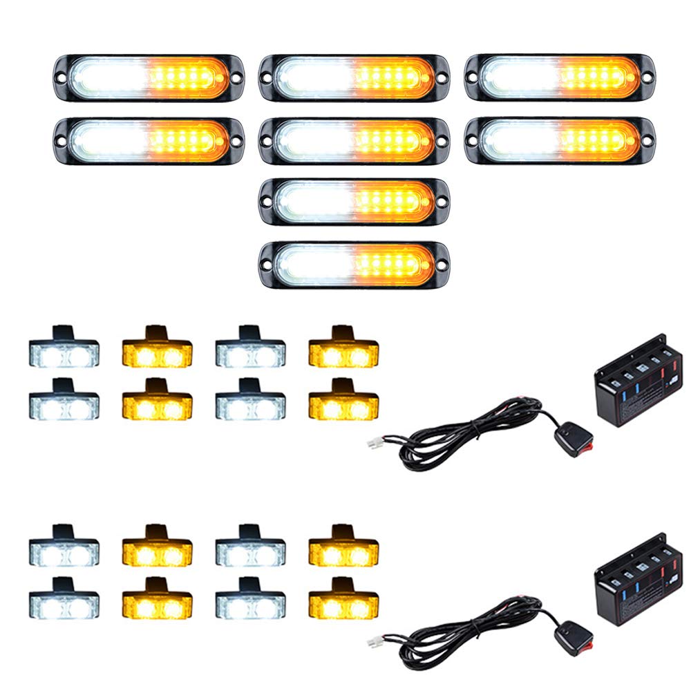 Astra Depot 8pcs Ultra-thin 10-LED Amber White High Power Surface Mount Waterproof 12V-24V Emergency Strobe Warning Flashing Light and 8pcs White 8pcs Amber 2-LED Flash Strobe Light Bar Control Box