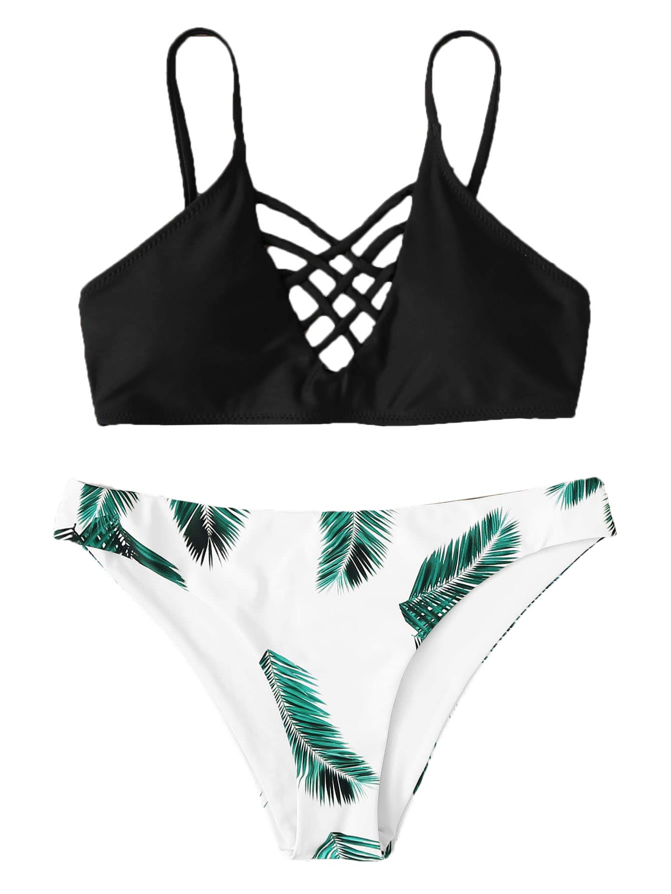 SweatyRocks Women's Swimsuit Adjustable Spaghetti Strap Feather Print Criss Cross Bikini Set