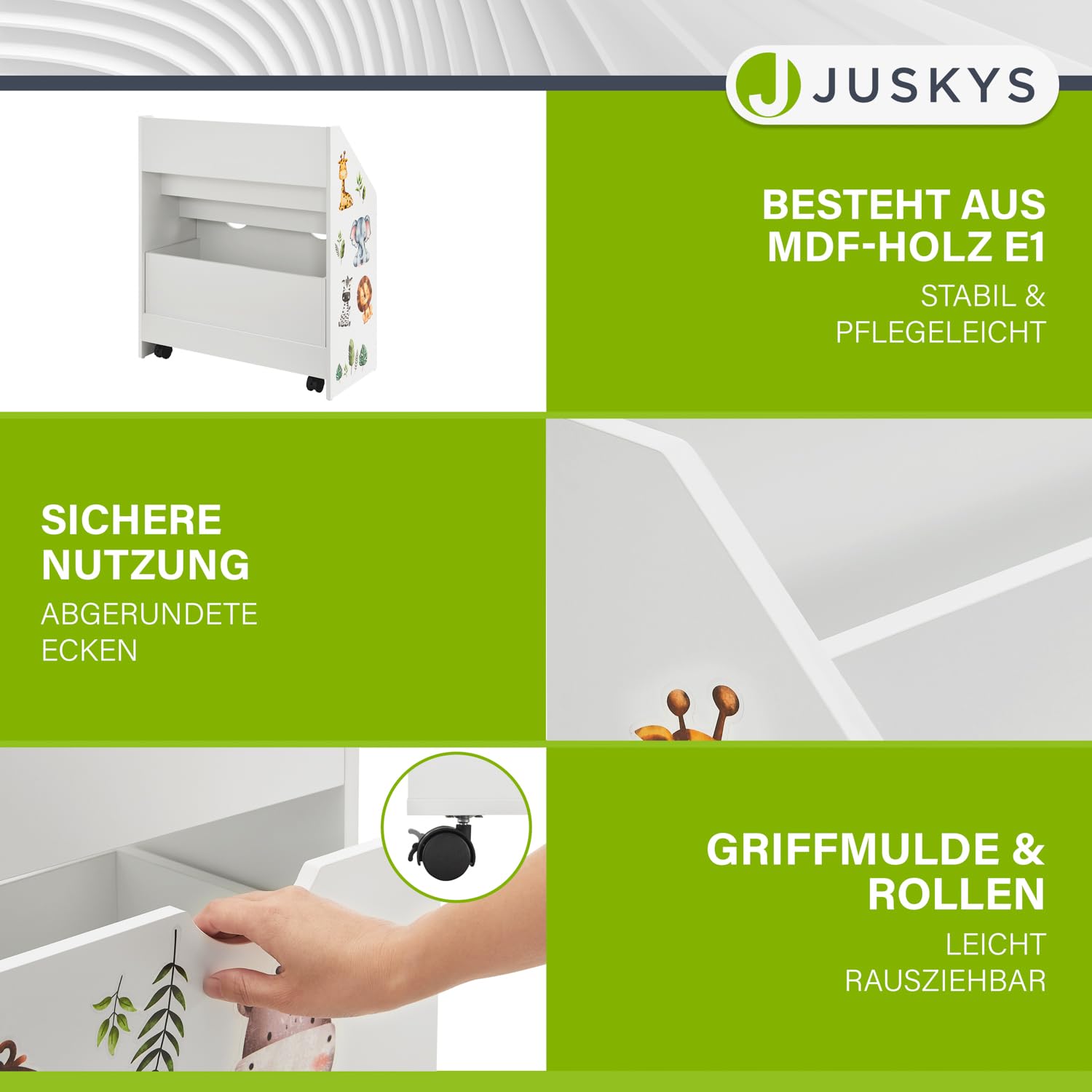 Juskys Kinder Bücherregal mit 3 Fächern & Spielzeugkiste - Holz Regal 63x30x70 cm BTH - Aufbewahrung von Büchern & Spielzeug im Kinderzimmer - Weiß