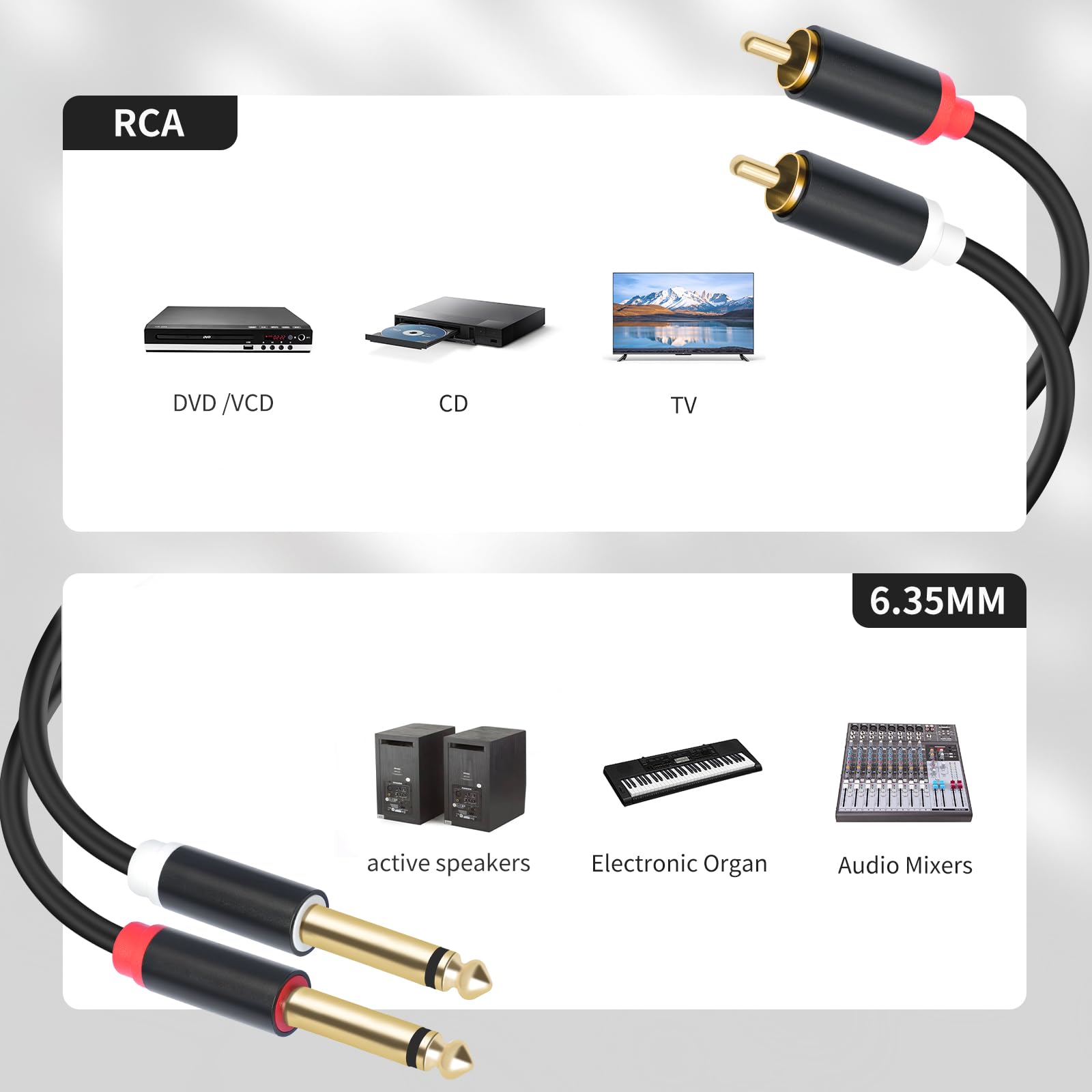 Cavo di interconnessione audio stereo doppio da 1/4 TS a doppio RCA, 1,5 m, guscio in rame placcato oro, resistente, 2 x 6,35 mm maschio TS a 2 RCA maschio cavo adattatore