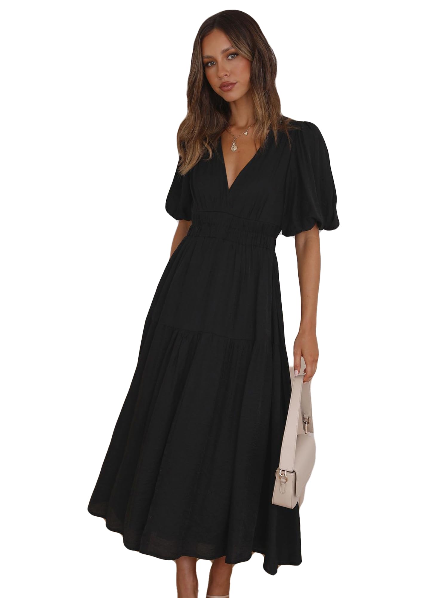MessBebe Kleid Damen Elegant V-Ausschnitt Sommerkleid Kurze Puffärmel Wickelkleid Einfarbig Maxikleid Hohe Taille Partykleid Lässig Sommer Freizeitk